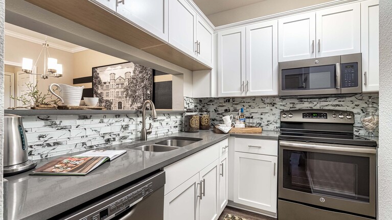 Modern kitchen with quartz countertops and slate appliances